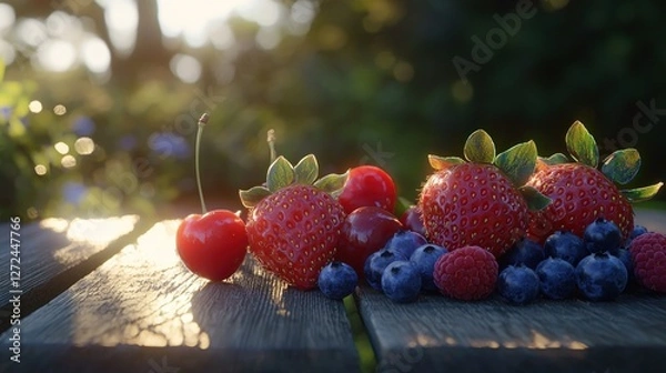 Fototapeta Sunlit berries on rustic wood. (2)