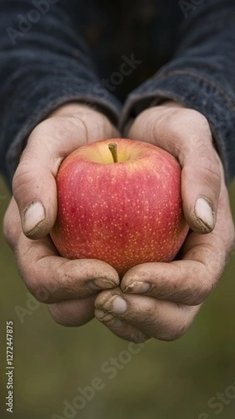 Fototapeta A farmer holds a freshly picked red apple with dirty hands in a lush orchard