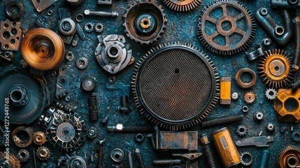 Fototapeta Creative Composition of Oil Filters and Mechanical Gears Arrangement