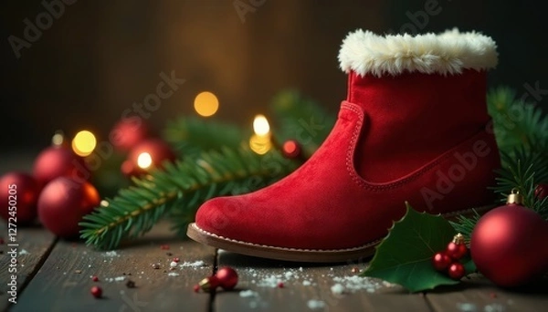 Obraz Cozy red shoe amidst ornaments, lights, & holly sprigs , red shoe, presents, season