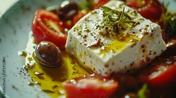 Fototapeta Feta cheese with cherry tomatoes and olives on a plate
