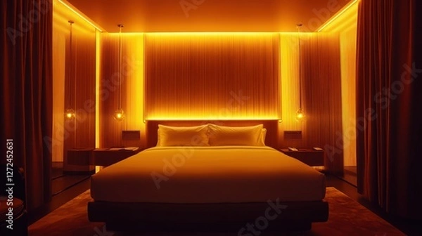 Fototapeta Warmly Lit Hotel Room Featuring a Comfortable Bed