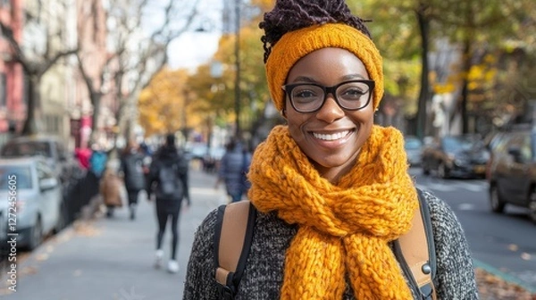 Fototapeta Smiling Woman in Orange Scarf on Autumn City Street