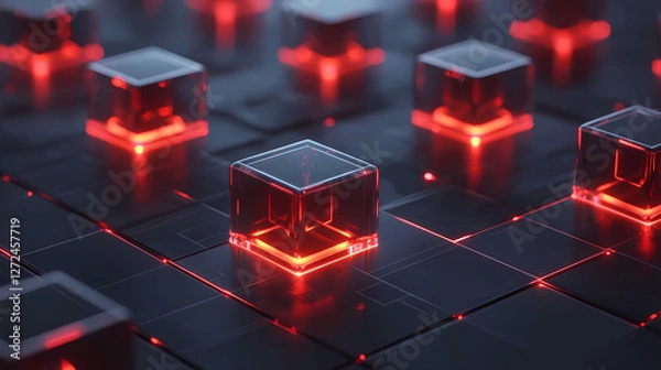 Fototapeta Red Glowing Cubes in a Futuristic Scene
