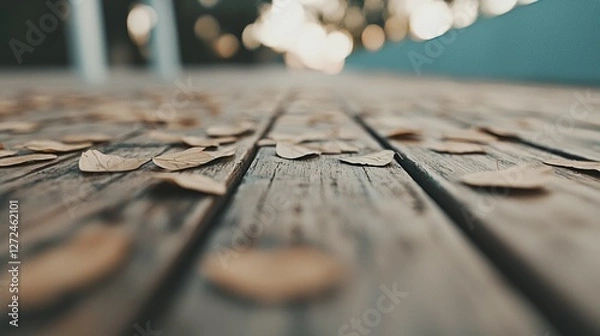 Fototapeta Autumn leaves scattered on wooden deck, soft sunlight filtering through trees