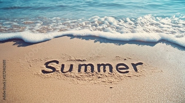 Fototapeta The word Summer etched into the sand on a tranquil beach, with waves from the sea flowing gently in the background, bringing vacation memories to life. No people no text