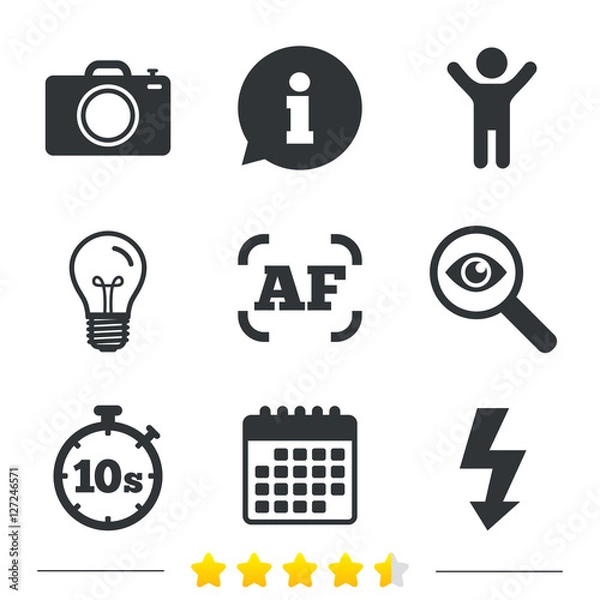 Fototapeta Photo camera icon. Flash light and autofocus AF symbols. Stopwatch timer 10 seconds sign. Information, light bulb and calendar icons. Investigate magnifier. Vector