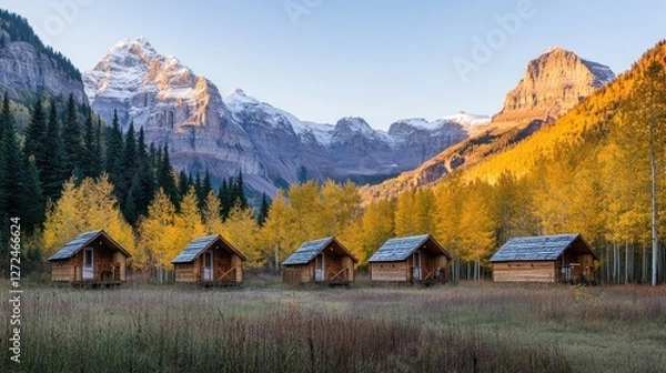 Fototapeta Four rustic cabins nestled in a valley with golden aspen trees and snow-capped mountains at sunrise.