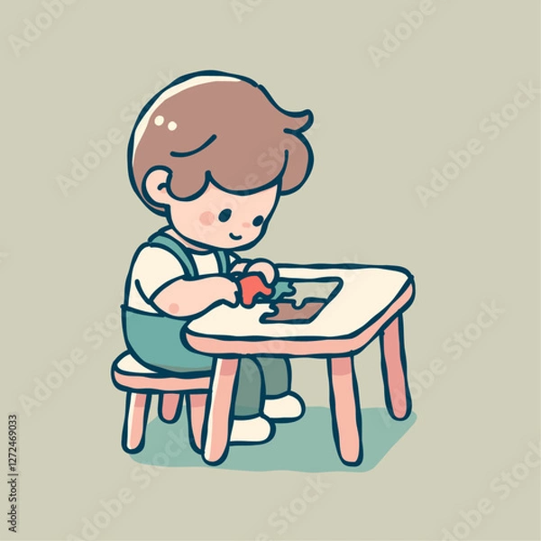 Fototapeta テーブルでパズルを楽しむ幼い男の子のシンプルでかわいいベクターイラスト