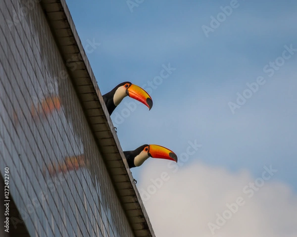 Fototapeta Two toucans of the species Ramphastos toco perched on a building that reflects them on the smooth ceramic wall with blue sky and white cloud
