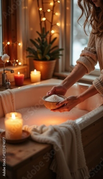 Obraz Woman adding bath salts to a cozy tub while preparing for a winter self-care ritual