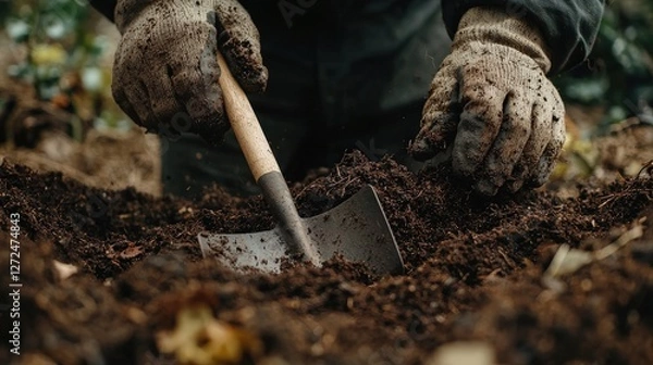 Fototapeta Close-Up of Gloves Hands Using Shovel to Turn Soil in Garden Bed