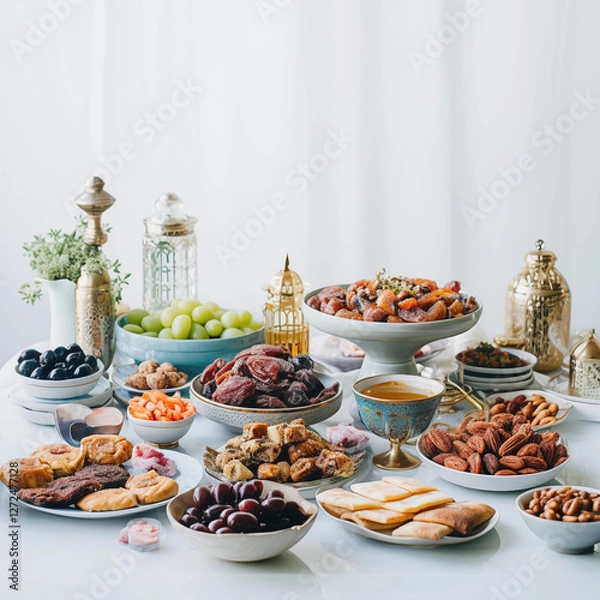 Fototapeta Ramadan Iftar Table Dates Nuts Sweets and Tea