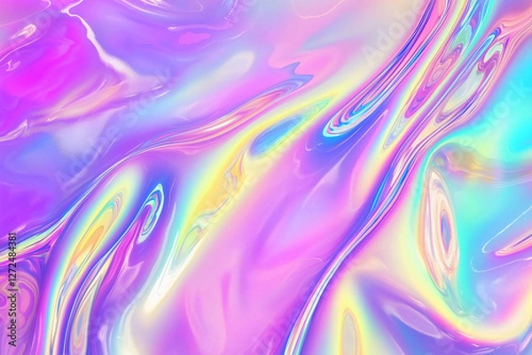 Fototapeta Holographic light shimmer background with smooth transitions in vibrant colors. This abstract design features flowing patterns of purple, pink, and blue, creating dreamy atmosphere