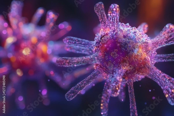 Fototapeta Microscopic view of vibrant, purple virus. Illustrates viral structure for medical, science uses.