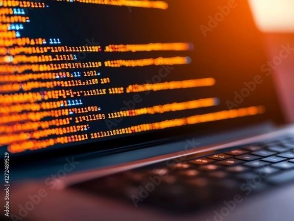 Fototapeta Close-up of laptop screen displaying vibrant code in warm lighting
