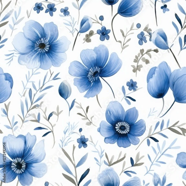 Fototapeta Seamless watercolor floral pattern with blue Anemones and leaves on white background. Fabric wallpaper print texture.