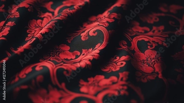 Fototapeta Luxurious red and black floral fabric. Rich texture and intricate design. Perfect for fashion, design, and textile projects.