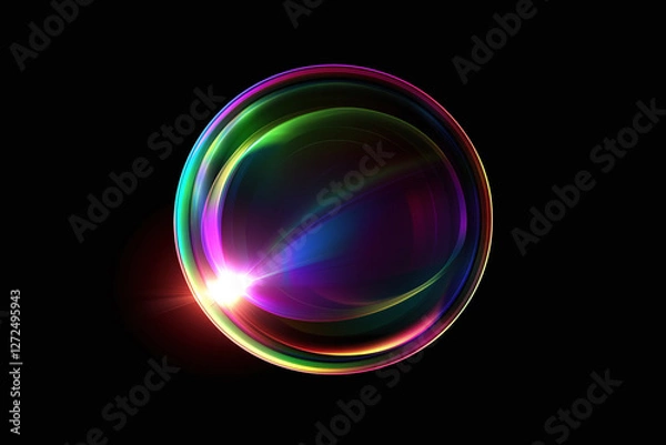 Obraz Vibrant rainbow lens flare with radial gradient on dark background, creating mesmerizing visual effect. colorful orb radiates light and energy, captivating viewer