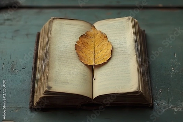 Obraz An antique book rests open with a dried leaf inside
