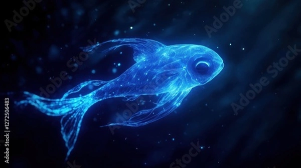 Fototapeta A glowing Lumo fish emerging from the deep ocean, its bioluminescent body illuminating the dark water as it swims toward the shimmering surface.