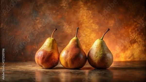 Fototapeta A trio of ripe pears, exhibiting autumnal hues, rests elegantly on a dark, textured surface against a warm, earthy backdrop.