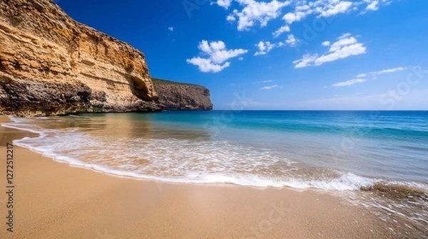 Fototapeta Serene Beach Scene with Clear Water and Gentle Waves on a Sunny Day : Generative AI