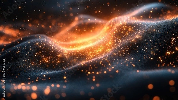 Fototapeta Glowing particles flowing, dark background, abstract design, website use