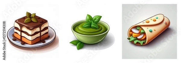 Fototapeta Three food items are displayed: a layered chocolate cake topped with mint, a bowl of vibrant green dip with basil, and a tasty-looking savory wrap.