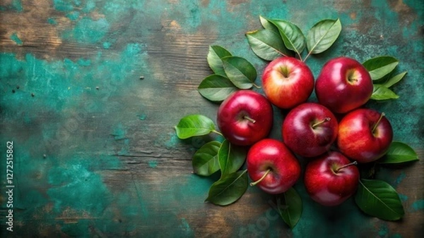 Fototapeta A cluster of vibrant red apples adorned with lush green leaves, artfully arranged on a rustic, textured surface.