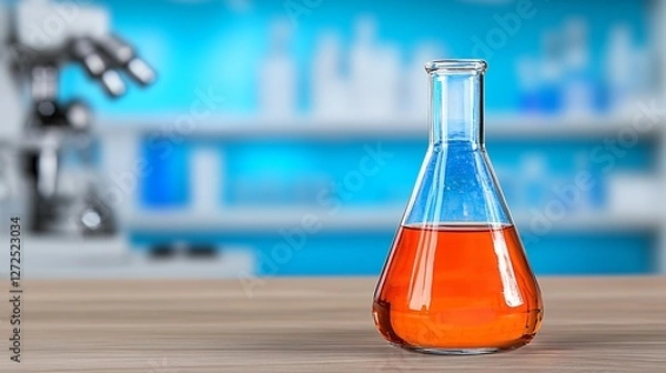 Fototapeta Erlenmeyer Flask with Orange Liquid on Wooden Table in a Blurred Lab Environment