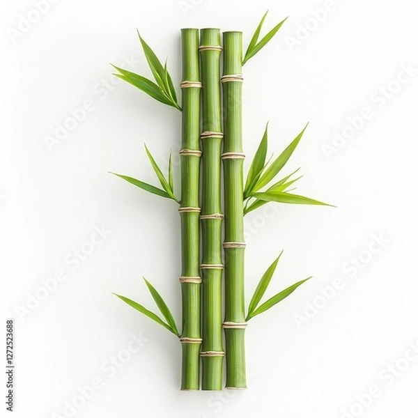 Fototapeta A minimalistic arrangement of bamboo stalks and leaves, showcasing vibrant green colors against a clean white background.