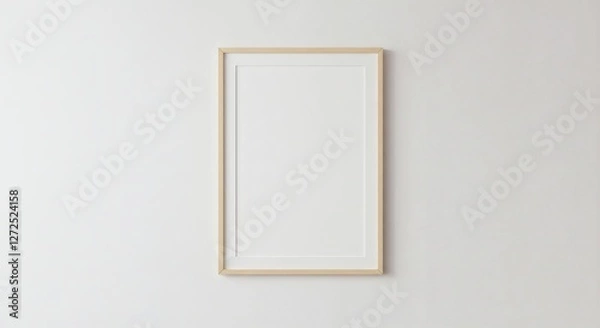 Fototapeta AI Image a minimalist, light wood picture frame with a white matte hangs on a clean white wall, perfect as a mockup for artwork or photos.