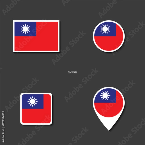 Fototapeta Taiwan flag icon set in different shape (rectangle, circle, square and marker icon) on dark grey background. Taiwan sticker icon collection on barely dark background	
