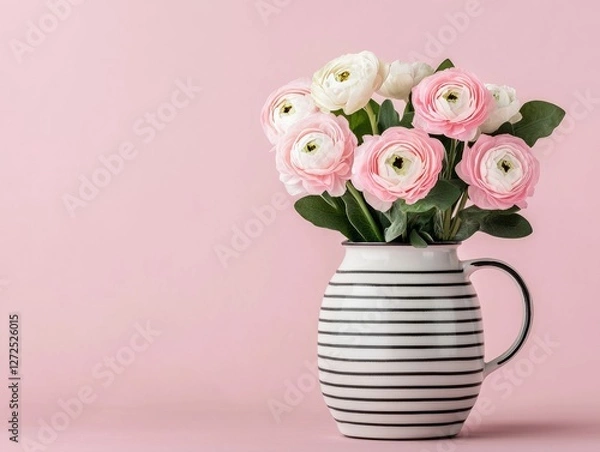 Fototapeta Elegant bouquet of pink and white ranunculus flowers in a striped vase against a soft pink background