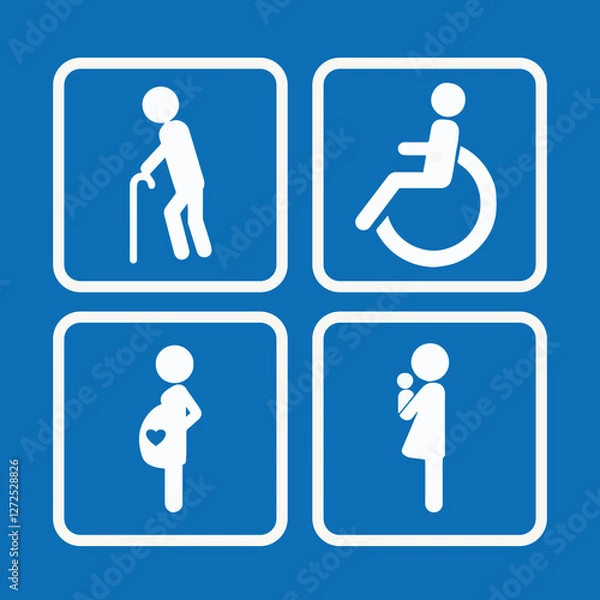 Fototapeta A set of priority seating icons featuring symbols for elderly individuals, disabled persons, pregnant women, and parents with infants. Suitable for signage, public transportation, and accessibility