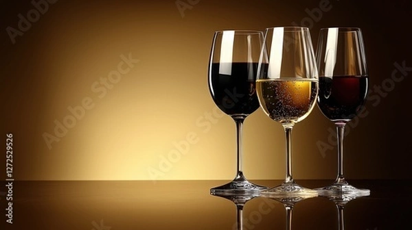 Fototapeta Elegant Display of Three Distinct Wine Glasses Against Gold Background