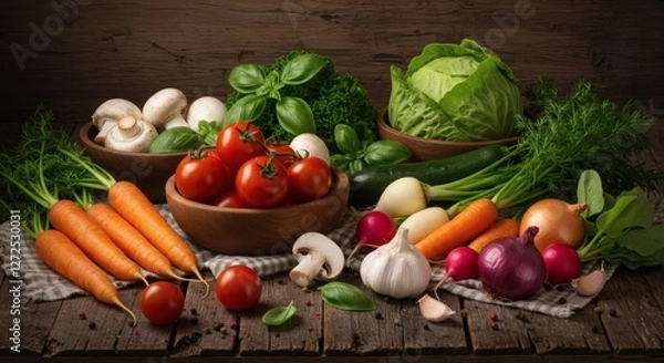 Fototapeta AI image Freshly harvested vegetables, including tomatoes, carrots, cabbage, and mushrooms, arranged in wooden bowls on a rustic wooden surface, showcasing natural goodness.