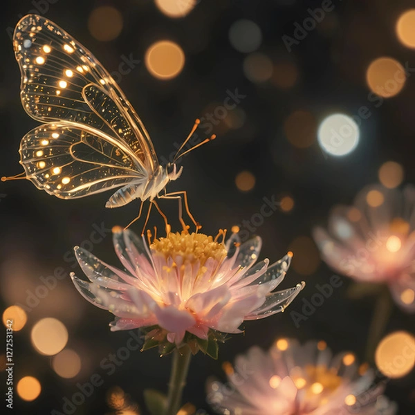 Fototapeta a butterfly that is sitting on a flower with lights on it's wings and wings are glowing in the background, Cindy Wright, art photography, delicate, a picture