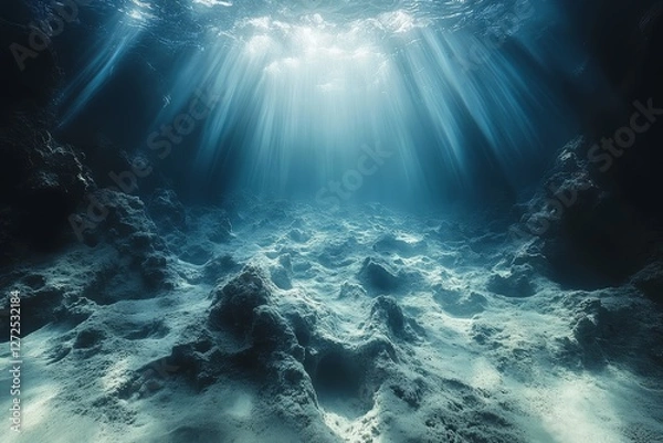 Fototapeta Cinematic Dark Blue Ocean Floor with Light Rays Shining Down, Hyper-Realistic Underwater Scene.