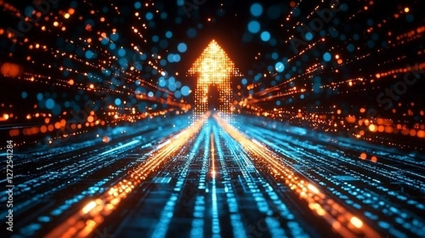 Fototapeta Digital upward arrow, data streams, glowing lights, future tech, website banner