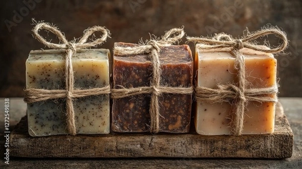 Fototapeta Artisanal Soaps Tied with Twine on Wooden Surface in Natural Light