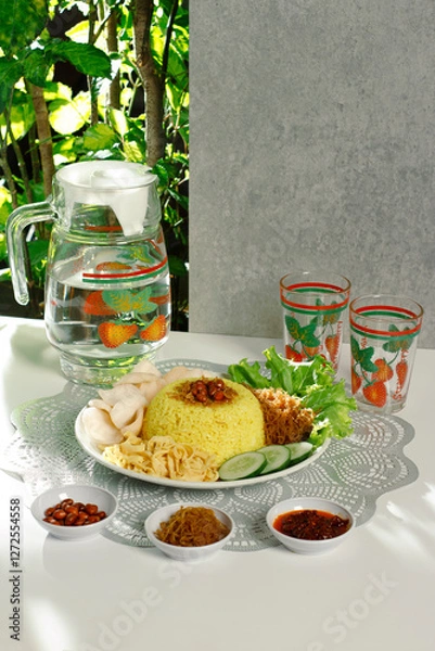 Obraz a complete plate of yellow rice which is Indonesian food