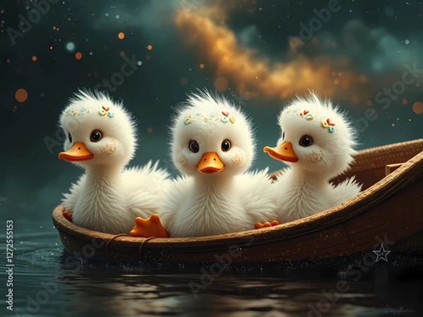 Fototapeta Apply tilt-shift effect to craft a humorous image of a group of rubber ducks navigating through a small puddle as if it’s a vast ocean, with other animals watching in bemusement from the miniature sho
