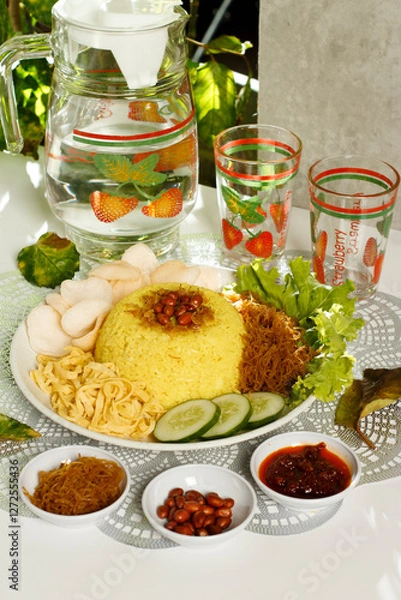 Obraz a complete plate of yellow rice which is Indonesian food