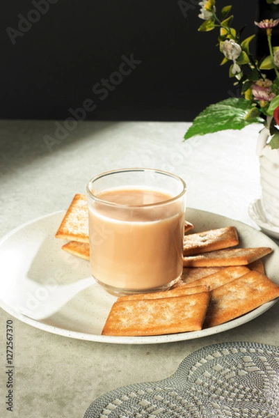 Obraz a glass of milk tea with biscuits on a plate