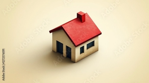 Obraz Isometric Minimalist House Illustration: A Simple Beige House with a Red Roof and Chimney