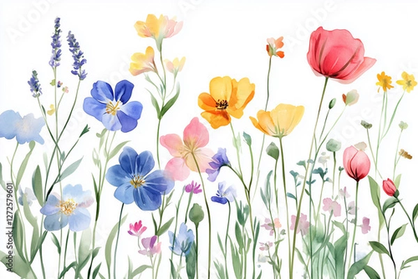 Obraz Simple watercolor illustration, spring wild flowers on white background. Different delicate flowers, plants, leaves and grass. Aquarelle sketch. Blurred paint stains.