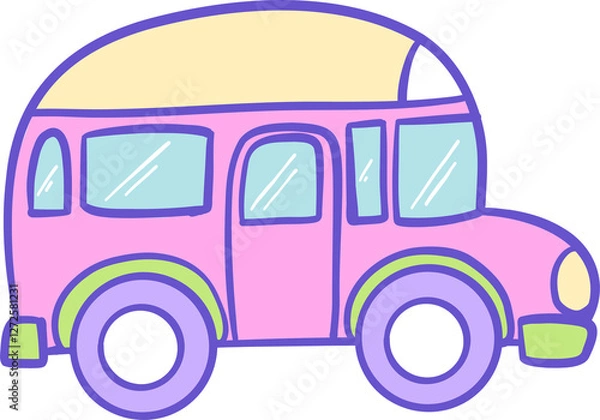 Fototapeta A fun and colorful cartoon-style illustration of a pastel pink bus with blue windows, green accents, and a whimsical hand-drawn design