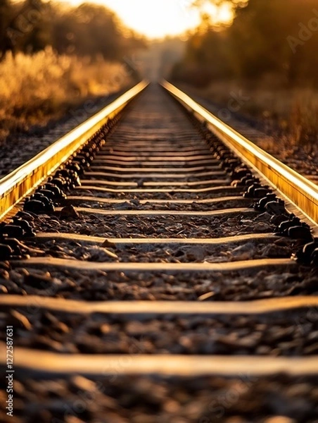 Fototapeta Close-Up of Railway Tracks Glinting in the Golden Sunset Light : Generative AI